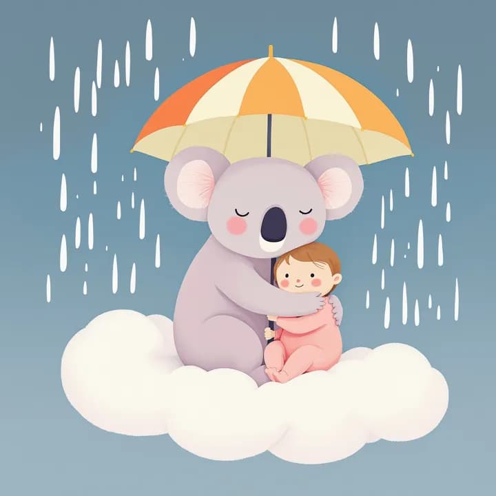 Illustration: a koala holds a crying child under an umbrella on a cloud