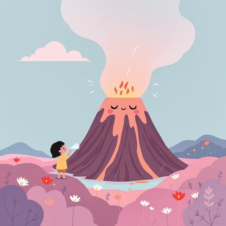 Illustration: a child stands in front of a friendly volcano and breathes the smoke away