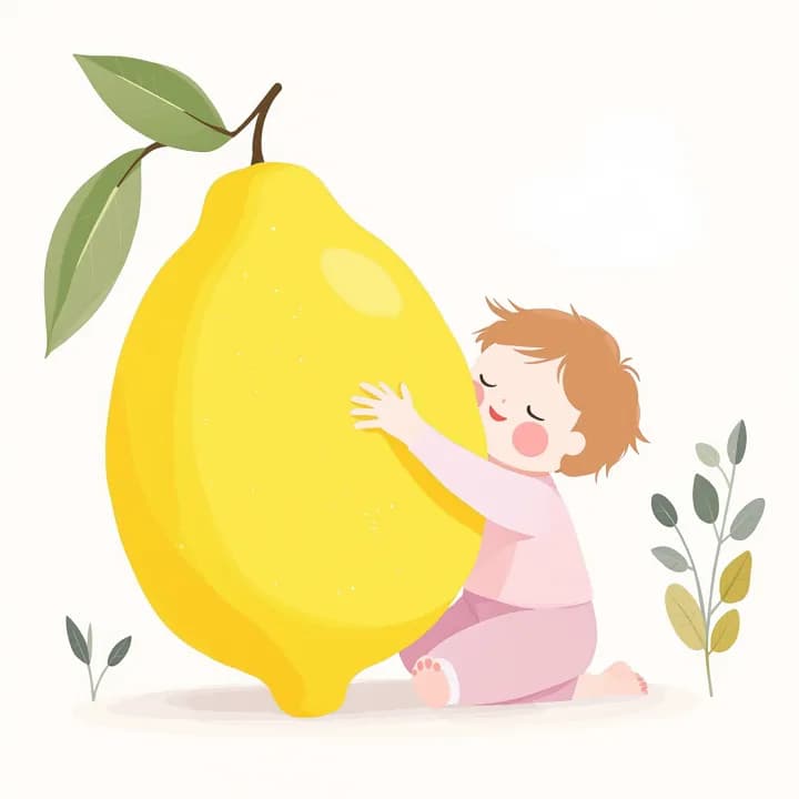 Illustration: a toddler hugs a giant lemon