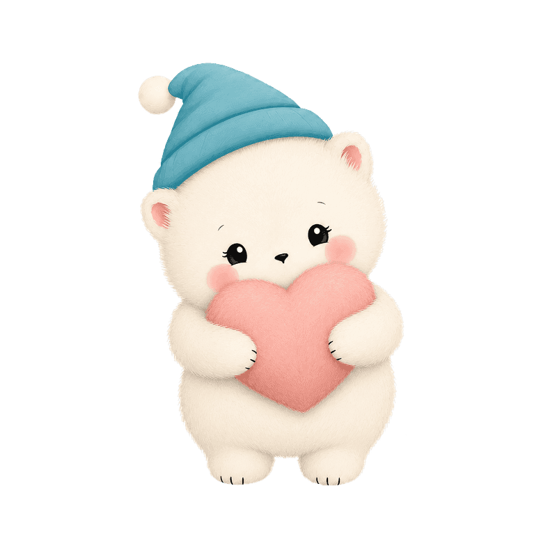Nimola, a small fluffy cream-white dream creature with a blue sleeping cap, hugging a pink plush heart